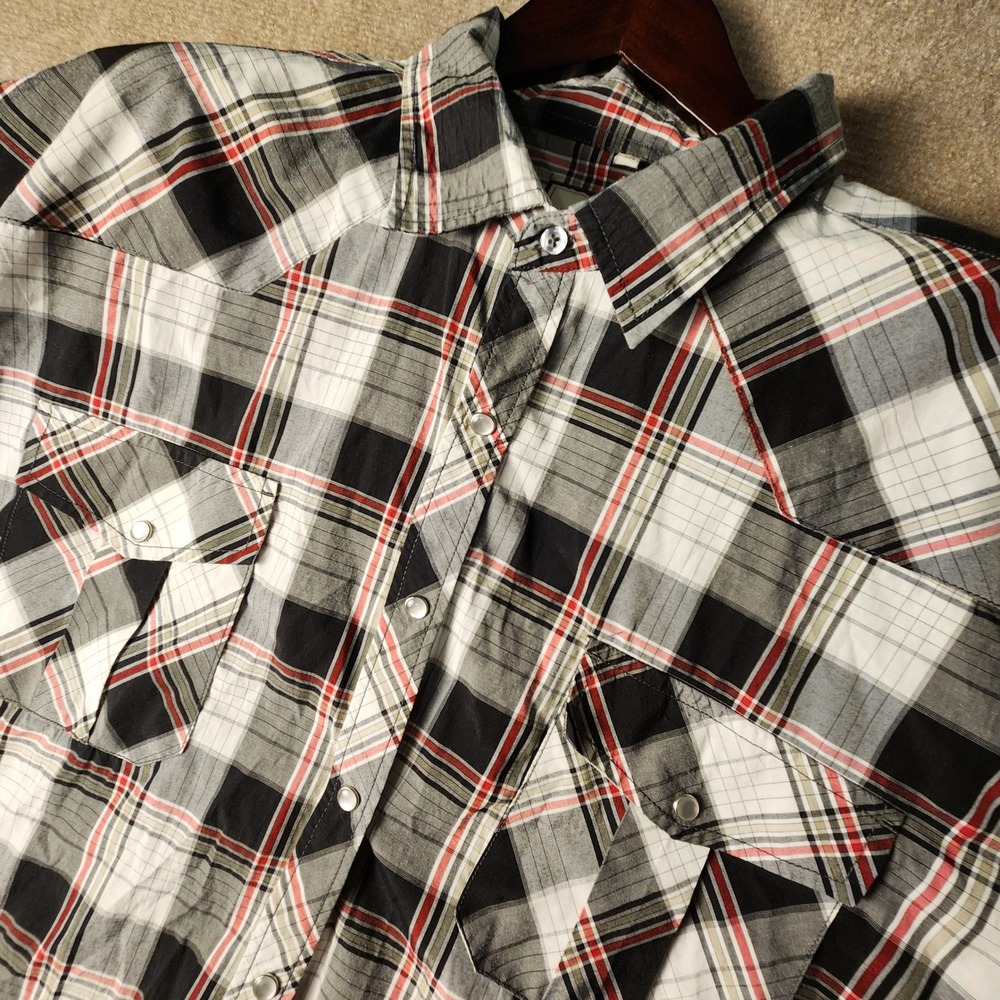 Coevals Club Western Shirt‎ Mens 3XL Black White Red Plaid Pearl Snap S/S